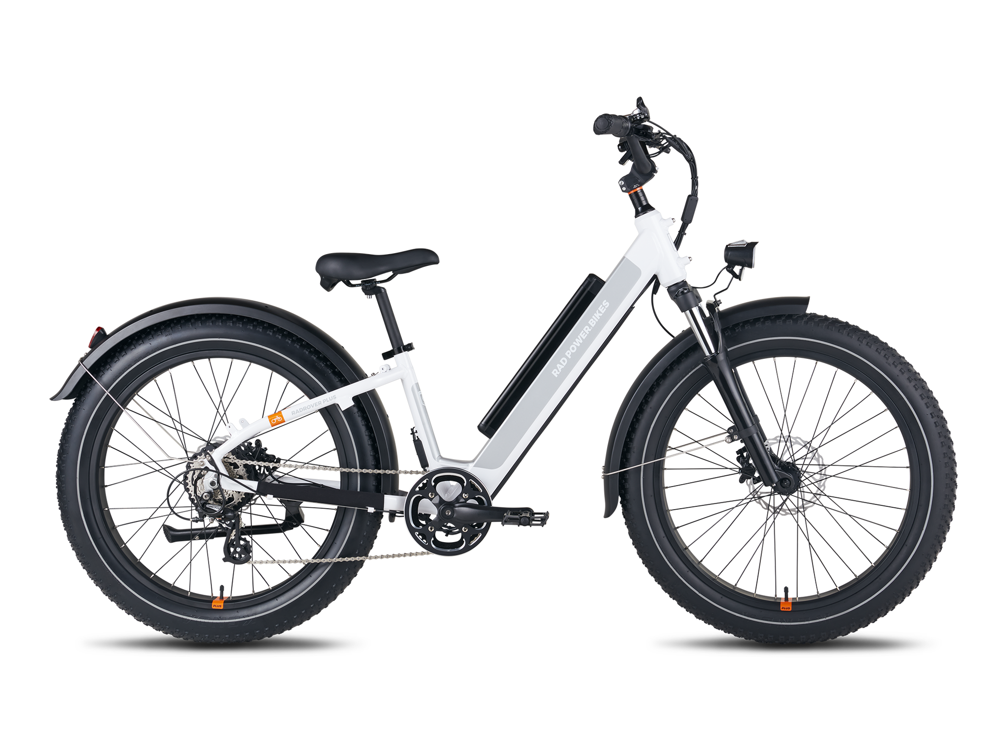 A step-thrug bike with fenders and an integrated battery.